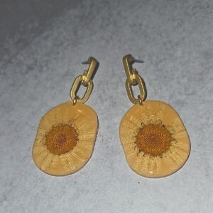 Handmade Polymer Clay covered in Resin Elegant Gold Floral Earrings